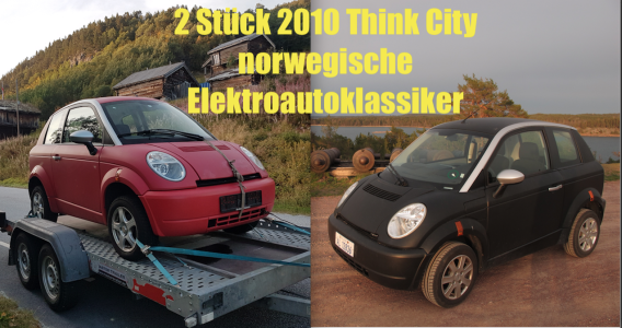 2x Bj 2010 Think City norwegische Elektroautoklassiker, einer in Rot und der andere in Schwarz